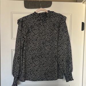 Sanctuary Black and White Dot Ruffle-Neck Blouse